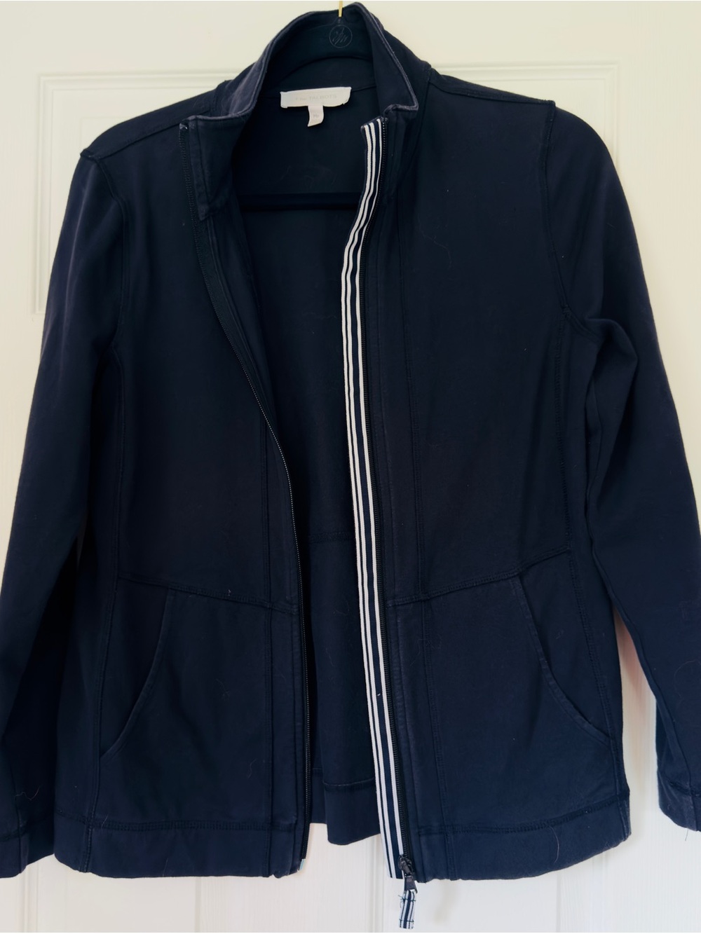 T by Talbots Navy Full Zip Jacket Medium Petite MP Striped Trim